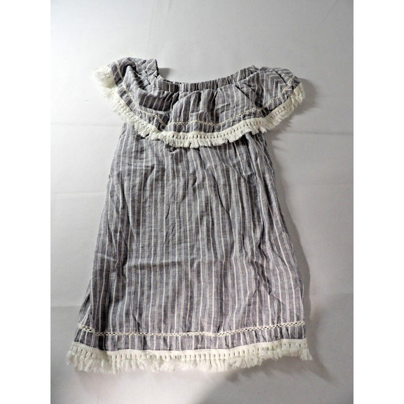 1. State Tunic Small Linen Chambray Off Shoulder Boho Blue White Stripe Cottage - Picture 11 of 12